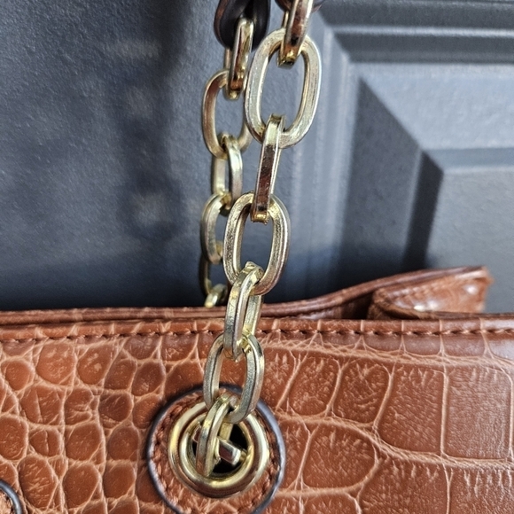 Anne Klein Faux Crocodile Brown Purse Handbag Chain Giraffe Block Safari Lining - Picture 2 of 12